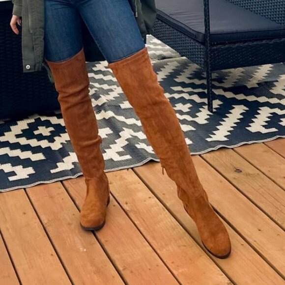 🆕Women's Tan-suede Thigh High Low Block Heel Casual Fashion Over the Knee Boots - Picture 2 of 10